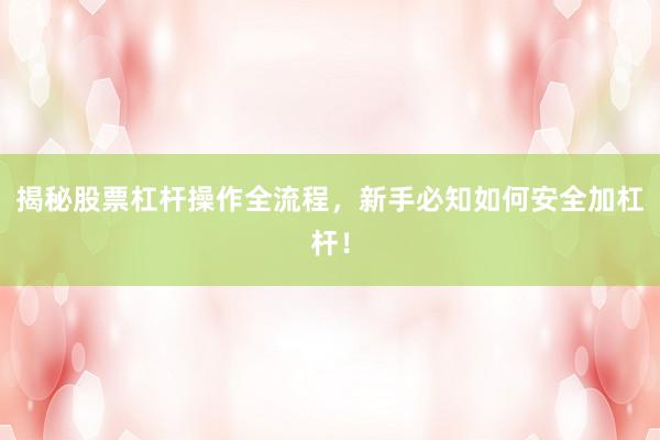 揭秘股票杠杆操作全流程,新手必知如何安全加杠杆!